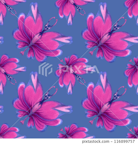 Seamless pattern of holographic butterflies with pink hearts on the wings, tropical blue-green leaves for the holiday of love, wedding, Valentine's Day, textile, fabric, wrapping, scrapbook, wallpaper Seamless pattern of holographic butterflies with pink hearts on the wings, tropical blue-green leaves for the holiday of love, wedding, Valentine's Day, textile, fabric, wrapping, scrapbook, wallpaper 116899757