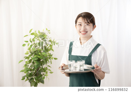 Smiling female cafe staff bringing cold drinks Smiling female cafe staff bringing cold drinks 116899832