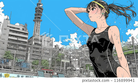 Schoolgirl wearing a school swimsuit 116899941