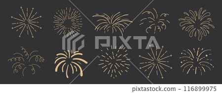 Set gold fireworks, firecrackers golden burst, rays festive doodle sparkle lights isolated on dark background.Celebration, Party Icon, Anniversary, New Year Eve, independence Set gold fireworks, firecrackers golden burst, rays festive doodle sparkle lights isolated on dark background.Celebration, Party Icon, Anniversary, New Year Eve, independence 116899975
