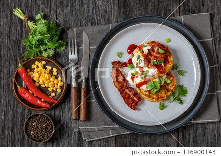 tasty cheese sweet corn pancakes with fried bacon 116900143