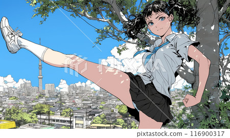 女高中生的嚴肅模式：內褲射擊充滿踢氣勢 116900317