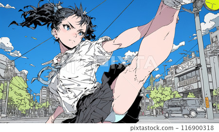 High school girls in a serious fight: Their panties are exposed by the force of their kick 116900318