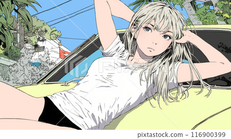 Young woman in underwear lying on the hood of a car 116900399