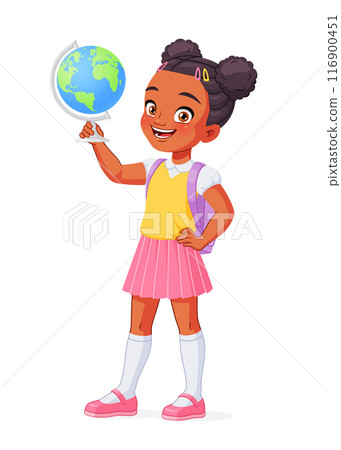 Smiling African American school girl holding a globe. Cartoon vector isolated illustration. Smiling African American school girl holding a globe. Cartoon vector isolated illustration. 116900451