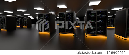 Server room data center. Backup, mining, hosting, mainframe, farm and computer rack with storage information. 3d render 116900611