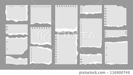 Set of various Torn Notebook Sheet. White and grey ripped paper notes, stickers, sticky sheets and tape. Vector illustration in flat style. Trendy elements for collage. Set of various Torn Notebook Sheet. White and grey ripped paper notes, stickers, sticky sheets and tape. Vector illustration in flat style. Trendy elements for collage. 116900748