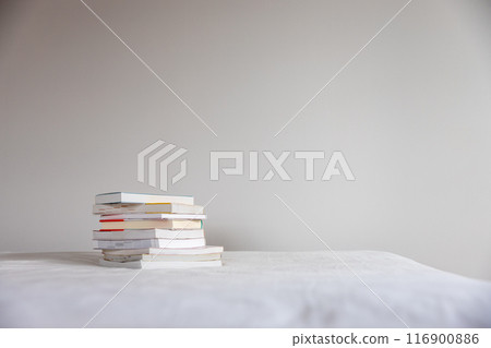 床上堆放著許多書 床上堆放著許多書 116900886