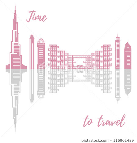 United Arab Emirates skyscrapers silhouette. Dubai buildings, hotels and symbol vector illustration. Dubai city skyline. Towers and landmarks cityscape. Camel. Design for banner, poster or print. 116901489