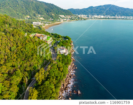 Amazing seascape view seashore and waves crashing on rocks,Aerial view beautiful sea in Phuket island Thailand 116901759