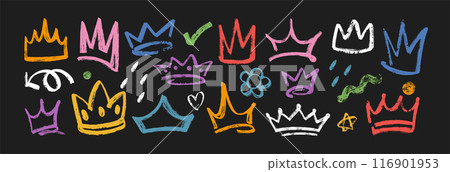 Set of brush grunge texture king crowns, color princess tiara and prince diadem 116901953