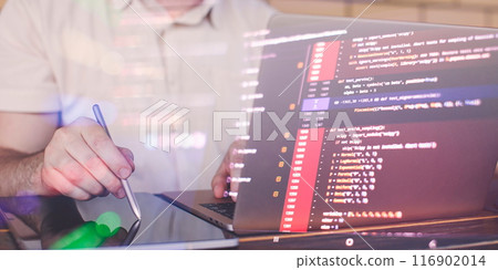 Application development, digital software technology development concept. Application prototype development process planning, computer code 116902014