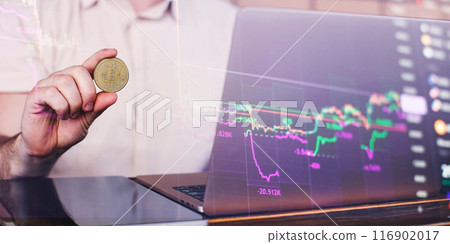 Buying Bitcoin online at home, blockchain investment concept. 116902017