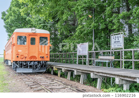 Obihiro City, Hokkaido - A popular tourist destination - The preserved Kiha 22 series No. 221 locomotive and platform at Koufuku Station on the former JNR Hiroo Line 116902216
