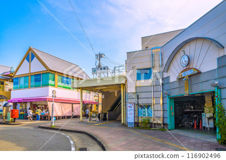 Ninomiya cityscape in Japan in July. View of JR Tokaido Main Line Ninomiya Station and the bicycle parking lot at the south exit of the station = July 22, 2024 116902496
