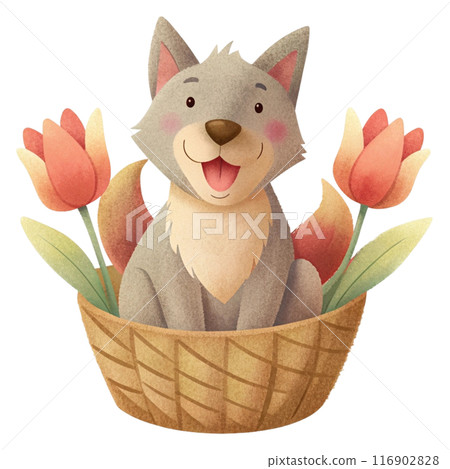 dog sitting and smiling in a basket of tulips Clipart  116902828