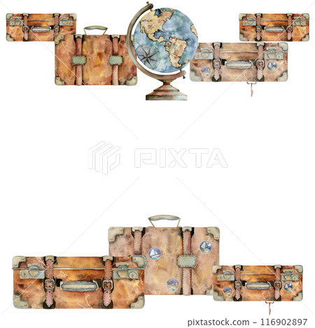 Old retro vintage leather suitcases baggage luggage, globe. Watercolor hand drawn illustration. Square border frame. Design tourism, travel brochure, booklet, wedding guide, print card, tattoo. Old retro vintage leather suitcases baggage luggage, globe. Watercolor hand drawn illustration. Square border frame. Design tourism, travel brochure, booklet, wedding guide, print card, tattoo. 116902897