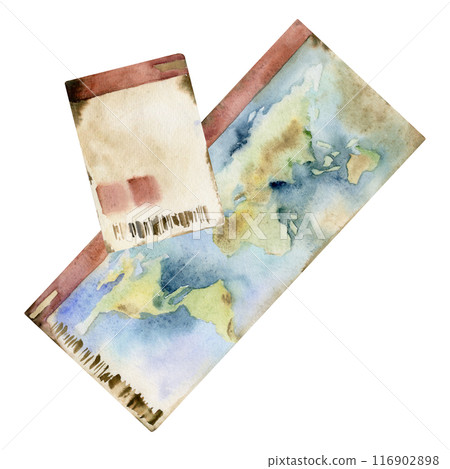 Multinational world id document, plane train ferry ticket coupon permit with map. Watercolor hand drawn vintage illustration. Design for tourism, travel, brochure, wedding, guide, print, card tattoo. Multinational world id document, plane train ferry ticket coupon permit with map. Watercolor hand drawn vintage illustration. Design for tourism, travel, brochure, wedding, guide, print, card tattoo. 116902898