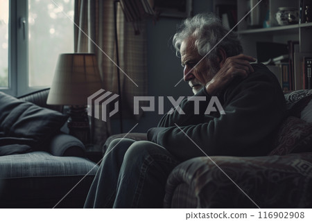 Sad lonely elderly man suffering from depression sitting alone on home sofa 116902908