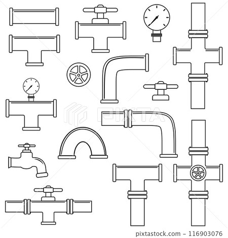 A set of pipelines with taps and water meters. A black outline. Linear illustration. White background. Illustration of a water supply system. 116903076