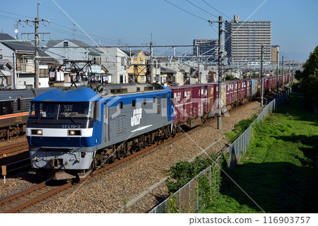 EF210-2 container freight train running on the Tokaido Main Line EF210-2 container freight train running on the Tokaido Main Line 116903757