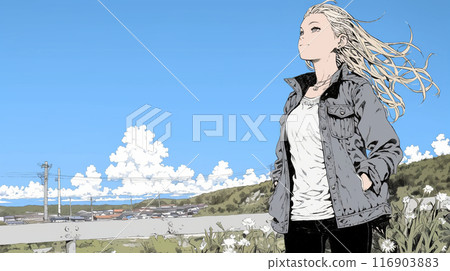 凝視遠方天空的年輕女子 116903883