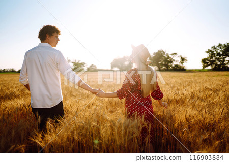 Young happy couple hugging on a wheat field, on the sunset. Enjoying time together. Young happy couple hugging on a wheat field, on the sunset. Enjoying time together. 116903884