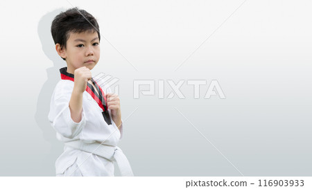 Taekwondo kid kick boxing, Boy fighter fighting stand isolated with white space for text 116903933