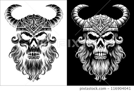 Viking Warrior Skull Man Mascot Face in Helmet Viking Warrior Skull Man Mascot Face in Helmet 116904041