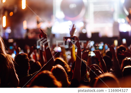 Fans enjoying rock concert with light show and clapping hands. 116904327