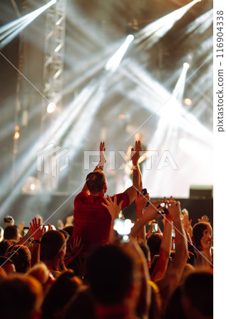 Crowd at concert - Cheering crowd in front of bright colorful stage lights 116904338