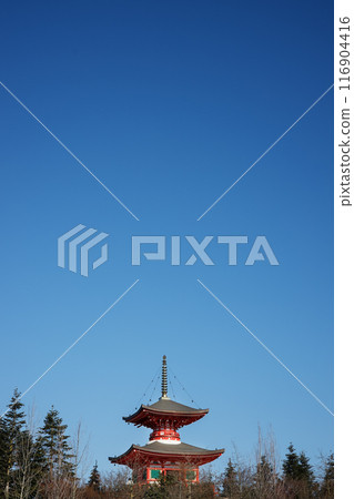 Japanese temple with red wooden roofs 116904416