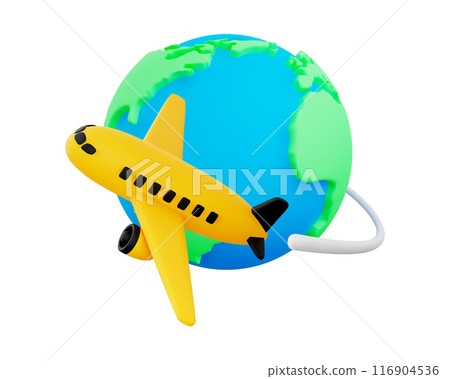 Cute 3d cartoon yellow airplane flying around planet Earth. Isolated on white background. Concept of world travel. Design element for travel agency. Vector illustration of 3d render. 116904536