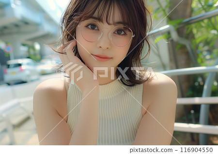 A girl wearing glasses and a white sleeveless knit 116904550