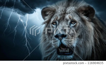 獅子張開嘴,對意外的失敗感到悲傷和震驚。雷雲和閃電背景 獅子張開嘴,對意外的失敗感到悲傷和震驚。雷雲和閃電背景 116904635