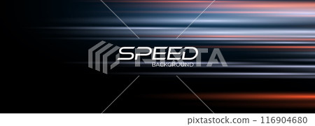Blue and red high-speed background. Movement light trails effect on black abstract background. Wide technology banner with glowing blue and red light motion effect. 116904680
