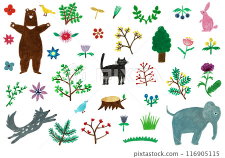 Hand-painted watercolor set of animals and plants 116905115