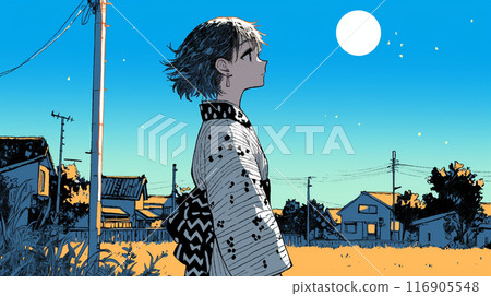 A young woman wearing a yukata walks around the neighborhood watching the moon on a mid-autumn full moon night 116905548
