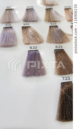 A palette of hair colors made from artificial strands on a white background 116906230