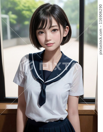 A short-haired female student in a school uniform (AI-generated image) A short-haired female student in a school uniform (AI-generated image) 116906290