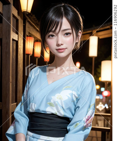 A woman with short hair wearing a yukata at a summer night festival (AI-generated image) 116906292
