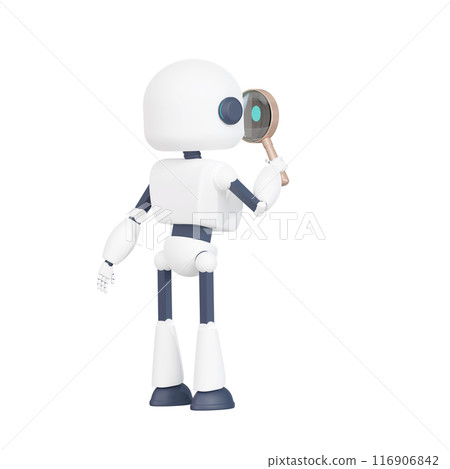 3DCG | Back view of a cute robot looking into the future with a magnifying glass 116906842