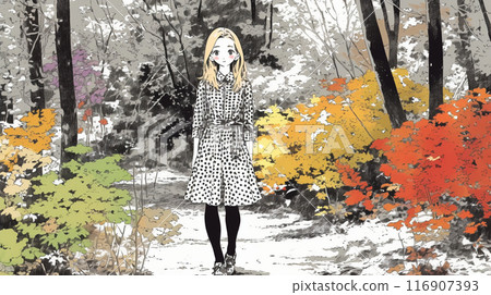 Young woman walking in a park with autumn leaves 116907393