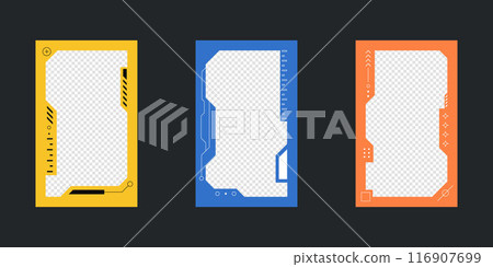 Collection of player frames template. Cyberpunk style. Game card frame mockup template design. Collection of player frames template. Cyberpunk style. Game card frame mockup template design. 116907699