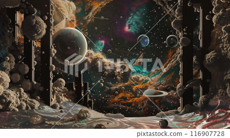 Immersing in the World Mokupe of Leptop Screen with a surreal depiction of celestial bodies orbiting in a cosmic ballet. 116907728