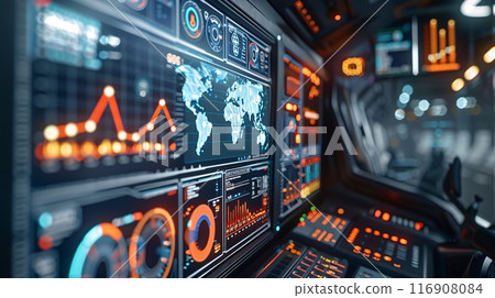 Transportation and delivery monitor room. Tracking AI and automatic robotic for transport packages in delivery business. 116908084