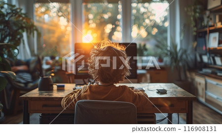 Boy working on laptop at home office. Work - life integration concepts. 116908131