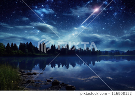 Starry Night Sky Over a Serene Landscape With Visible Meteor Shower 116908132