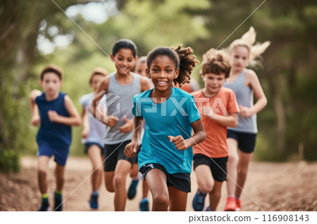 Group of happy children running together 116908143