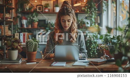 Girl working on laptop at home office. Work - life integration concepts. 116908153